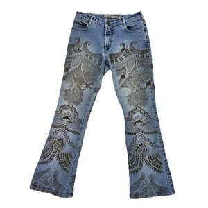 Vtg Parasuco Jeans RARE Womens 30 Blue Flare Tattoo Birds Denim Y2k Indie Sleeze
